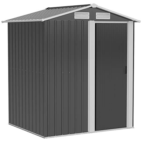 Outsunny Casetta da Giardino 1.7m² in Acciaio Zincato con kit Fondazione, Capanno da Giardino Porta Attrezzi con Tetto Inclinato, 4 Prese d'Aria, Porta Scorrevole, 152x132x188 cm, Grigio Scuro