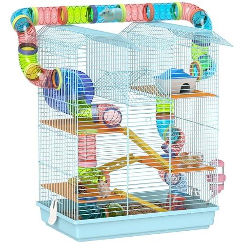 PawHut Gabbia per Criceti e Roditori a 5 Piani, Gabbietta per Criceti con Tubi Colorati, Ruota, Casetta e Accessori Inclusi, 47x30x59 cm, Azzurro