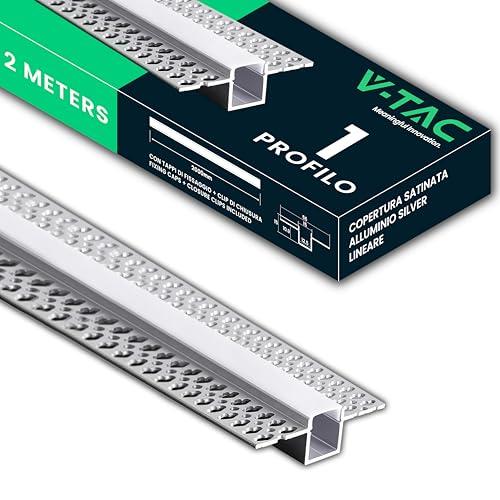 V-TAC 1 Profilo per Strisce Led a Scomparsa da 2 METRI con Diffusore - (2 Metri Totali) - ProfilI a Incasso da Parete e Soffitto per Striscia LED in Alluminio - Colore Argento - Misure 55 x 15 mm