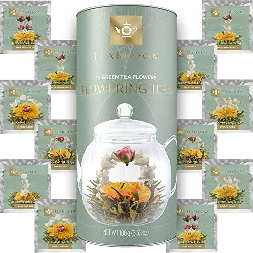 Teabloom Tè in Fiore – 12 Pregiate Varietà di Fiori di Tè – Foglie di Tè Verde e Fiori Commestibili Intrecciati a Mano – Elegante Confezione Regalo da 12 Pezzi