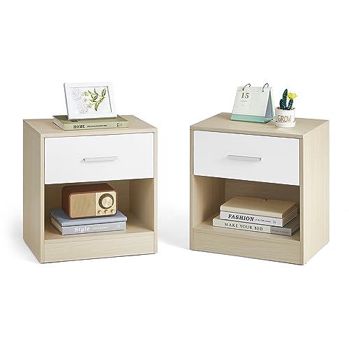 VASAGLE Comodini, Set di 2 Tavolini con Cassetto, Maniglia, Scomparto Aperto, per Camera da Letto, Soggiorno, Beige Naturale e Bianco Classico LET819T67
