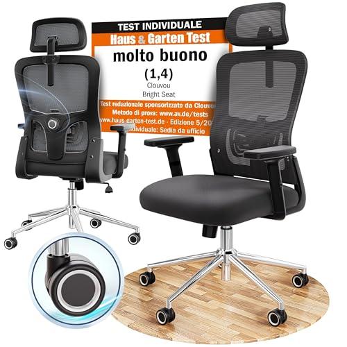CLOUVOU BrightSeat Sedia ufficio ergonomica [TOP DI GAMMA] Sedia da scrivania per smart working | Poltrona ufficio per studio e camera | Sedia ufficio con ruote facile da spostare | Max. 150 kg