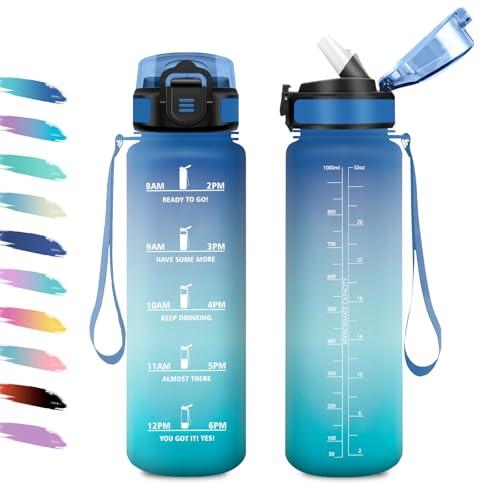 Borraccia 1L, Motivazionale Borraccia con Cannuccia, Facile da Aprire, a Prova di Perdite, Bottiglia Acqua con Indicatore del Tempo, Sportiva Bottiglia per Adulto, Campeggio, Ufficio, Lavoro