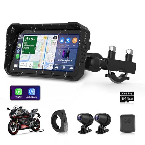 2025 4K Moto CarPlay Android Auto 6,25 Pollici per Carplay Moto con Doppia Fotocamera, Navigatore Mo.to con WiFi, Navigazione GPS, Telecomando, Siri, G-OOgle Assistant, Bluetooth, Scheda TF da 64 GB