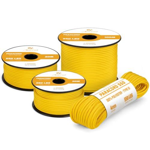 Abma Cord Paracord 4mm 30m Corda Paracord 550 Tipo III 7 Fili per All'aperto, Sopravvivenza, Campeggio, Fai Da Te - Max. 250 kg - Giallo Dorato