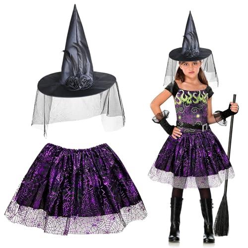 LYNBLY Costume da Strega Bambina, costumi halloween bambini, Gonna Tutu Strega con Cappello da Stregas, vestiti halloween bambina, Cosplay Stregas per Halloween Party Masquerade Carnival