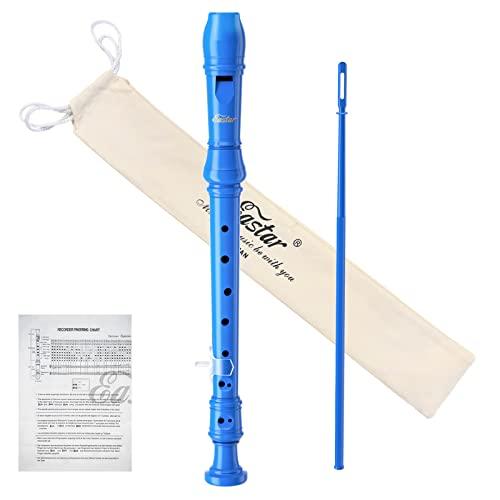 Eastar Flauto a becco soprano per principianti, bambini, flauto a becco tedesco in la, ABS, a 3 pezzi, con set di pulizia, supporto pollice, borsa di cotone, tabella delle dita, blu, ERS-21GB