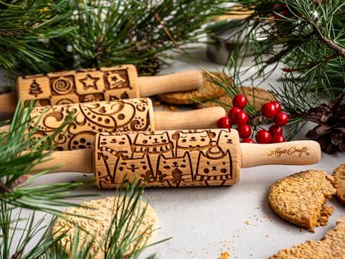 FESTA DI NATALE Mattarello Decorativo per Biscotti - Set di 3 Mattarelli Piccoli | Mattarello Inciso | Rullo per Biscotti e per Modellare per fai da te | Mattarello Legno Goffrato di Algis Crafts