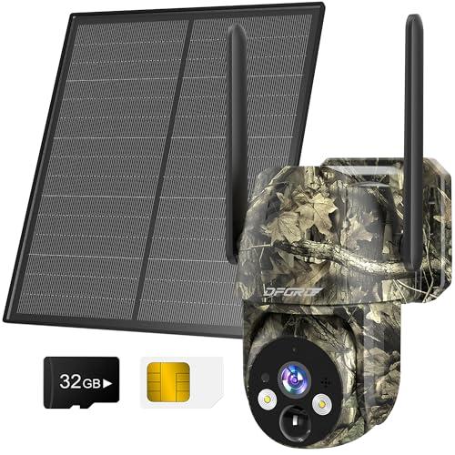 DFGRD 4G LTE Fototrappola con SIM e Scheda SD, 2K Telecamera Esterna con Pannello Solare Senza Fili, 360° PTZ Visione Notturna a Colori e Infrarossi, Rilevamento PIR, Audio 2 Vie, IP66