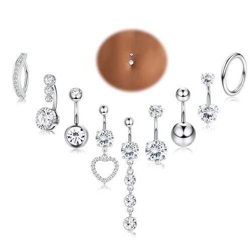 YADOCA 14G 9 Pezzi Piercing Ombelico Acciaio Chirurgico Argento Oro, Piercing Ombelico Pendente, CZ Piercings Ombelico Anello, Navel Piercings per Le Donne