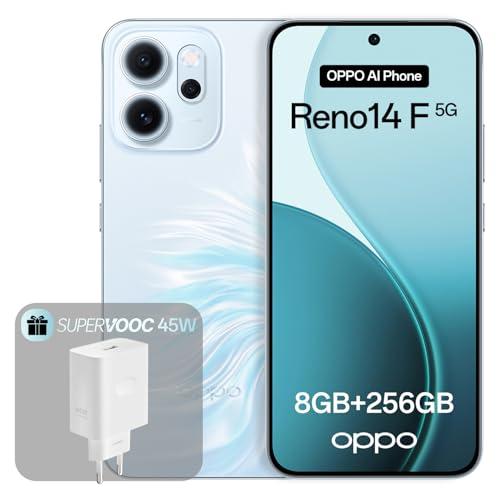 OPPO Reno14 F 5G Smartphone, 8+256 GB, batteria da 6000 mAh, ricarica rapida SUPERVOOC da 45 W, AI Flash Livephoto, Opal blue(caricabatterie incluso)