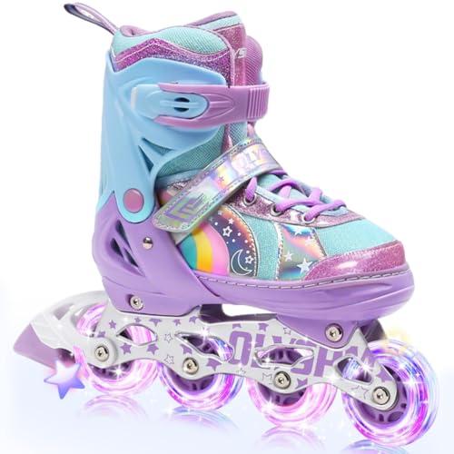 OLYSPM Pattini in Linea Bambina luminosi regolabili,unicorno arcobaleno,Pattini a rotelle con Tutte Ruote LED per Principianti Bambini,Regalo di Natale