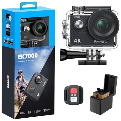 AKASO EK7000 Action Cam 4K, Fotocamera Subacquea WiFi 20MP, Impermeabile 30M, Microfono Esterno Compatibile, Telecomando, 2 Batterie 1050 mAh, Accesorios Multiples per Bicicletta Casco Sci Surf