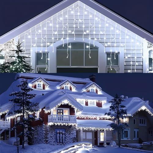 Rintea Luci Natale Esterno 10M 400 LED, Tenda Luminosa Impermeabile IP44 con Timer e 8 Modalità, Luci Natalizie per Esterno, Grondaia, Tetto, Giardino e Decorazioni Natalizie