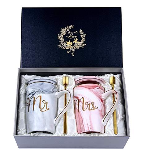 Mr E Mrs Tazze Caffè Coppia, Idee Regalo Matrimonio Sposi Originale, Regali di Nozze e Anniversario Fidanzamento, Tazze Marmo Ceramico 400ml con Cucchiai, Coperchi e Biglietto D'auguri, Scatola Regalo
