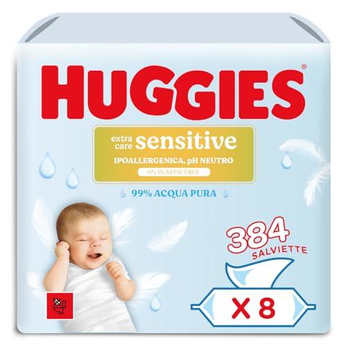 Huggies Extra Care Sensitive, Salviette neonato per pelli sensibili, 99% Acqua pura, 100% Plastic-free, Senza parabeni e alcool, 384 Pz (8 confezioni x 48 salviette)