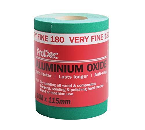 ProDec 10m Roll 180 Grit Grado molto fine verde ossido di alluminio carta abrasiva per la levigatura di legno, vernice, gesso, stucco, metallo e altro, 115 millimetri di larghezza carta vetrata
