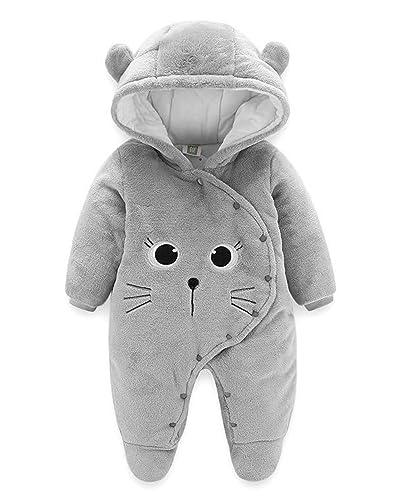 Salopette per Neonato Romper Invernale in Flanella Playsuit con Piedini Felpa con Cappuccio Cartoon,Grigio 3-6 Mesi