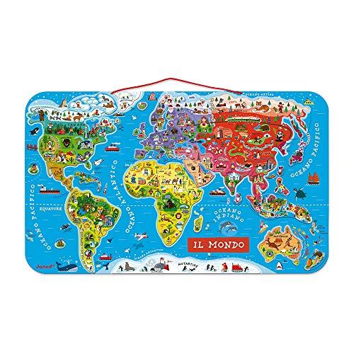 JANOD- Puzzle Magnetico Carta del Mondo in Legno, Planisfero Murale con 92 Pezzi Calamitati, Versione Italiana, Gioco Didattico a Partire da 7 Anni, Single, 70 x 43 cm, J05500