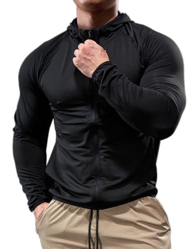 palglg Uomo Sport Felpa con Cappuccio Zip Completa Giacca Leggero Fitness Manica Lunga Asciugatura Rapida Maglie per Corsa Top Nero XL