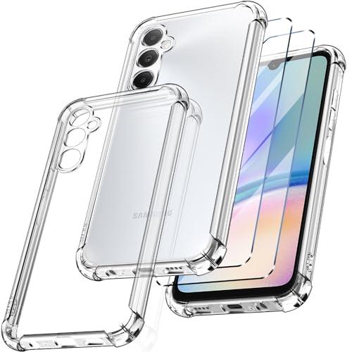 New&Teck Cover per Samsung Galaxy A05S 5G + 2 vetro temperato protezione schermo, custodia in silicone TPU morbido, antiurto con angoli rinforzati, protezione chiara. (trasparente)