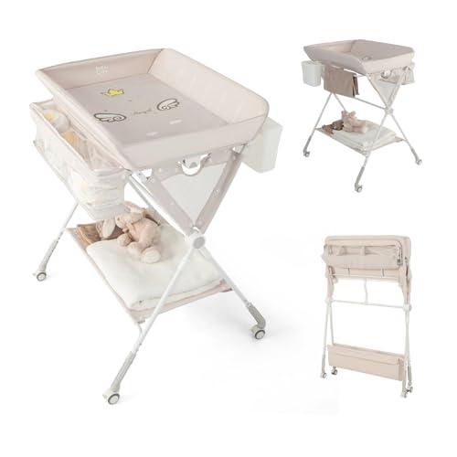 COSTWAY Fasciatoio Pieghevole per Bambini, Fasciatoio Portatile con Altezza Regolabile a 3 Livelli, Fasciatoio Neonato con Ruote di Bloccabili, Ripiano, Porta Asciugamani, Cestino di Rifiuti (Beige)