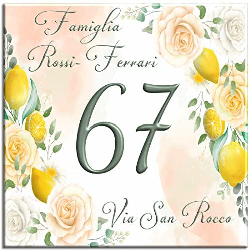 LMK DECO Numero Civico Targa Decorativa PERSONALIZZABILE,Numero Civico su Mattonella in Ceramica 15x15cm, 20x20cm con Indirizzo e Nome Famiglia Personalizzato,Numeri Civici Moderni. (S)