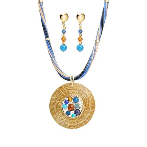 Conjunto Collar Dorado en Oro Vegetal con Piedras, Swarovski y Pendientes