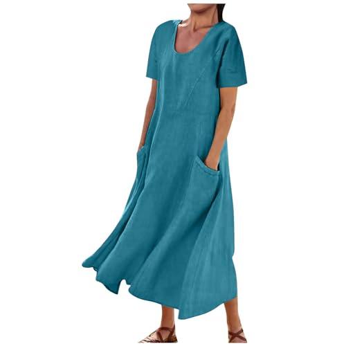 Generico Vestiti Estivi Donna Lunghi Manica Corta Abito in Lino Elegante Casual Vestito Estivo Maxi Abito da Spiaggia con Tasche Abiti Mare Boho Cotone