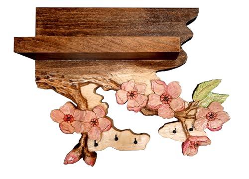 Generico Portachiavi da muro decorazione parete di legno con mensola e ramo di ciliegio scolpito a mano, 5 ganci appendi chiavi