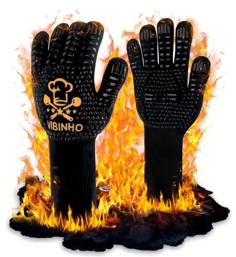 VIBINHO Guanti da Barbecue, Guanti Cucina Resistenti al Calore Fino a 800°C, Guanti da Forno in Silicone Antiscivolo per Barbecueants Cuisine, Accessori Barbecue, Certificazione EN407 (1 Paio, Nero)
