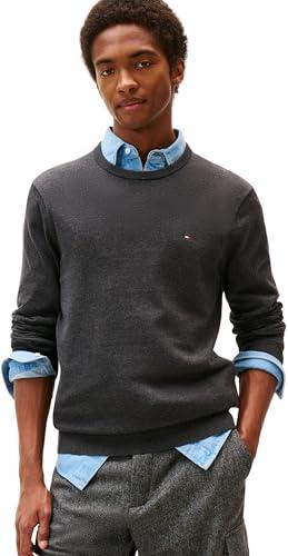 Tommy Hilfiger Uomo Pullover Essential Cotton con Scollo Rotondo, Grigio (Dark Grey Heather), L