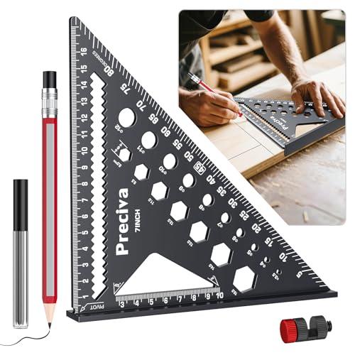 Preciva Squadra da Falegname, Squadrette Multifunzione con Matita, Righello Triangolare in Metallo 45°-90°, 7'' Squadretta per Carpenteria, Ingegnere, Fai da te