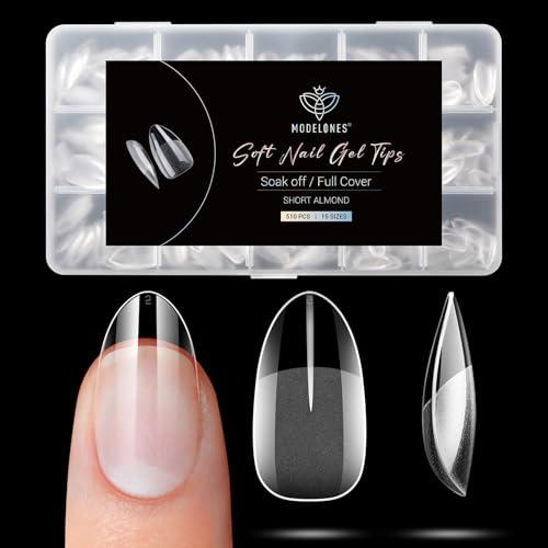 Modelones 510 Pezzi Unghie Finte, 15 Taglie Tip in Gel per Unghie Ricostruzione, Gel Tips Unghie Copertura Completa per Nail Art Salone Manicure, Mandorla Corte- Semi Matte