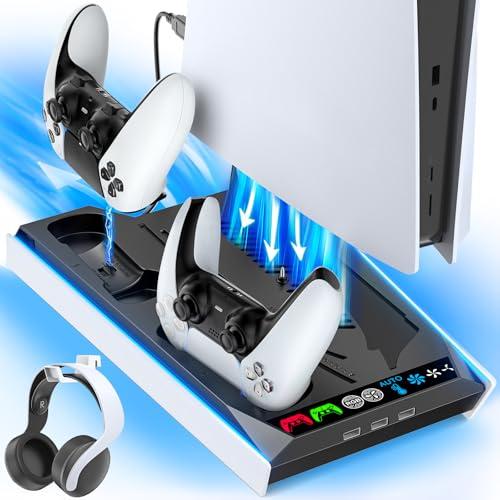 Supporto PS5 con Ventola di Raffreddamento Automatica, Base PS5 Slim con Controller di Ricarica PS5, Stazione Ricarica Controller PS5 per Controller PS5 & Edge & PS5 PRO, Accessori PS5/ PS5 Slim