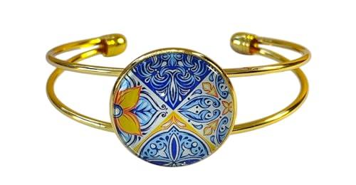 Bracciale Sicily, Motivo Siciliano, Rigido, Regolabile Con Cabochon,Idea Originale per Regalo Natale, Fatto a Mano, Gioielli Donna Sicilia Maiolica Giallo Blu