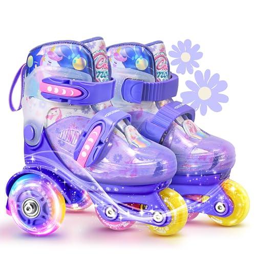 Pattini a Rotelle per Bambini con Design Unicorno Protezione Tripla, 4 Misure Regolabili, Ruote Luminose, Regalo per Bambine (Sogno di Lavanda, S (28-32 EU))