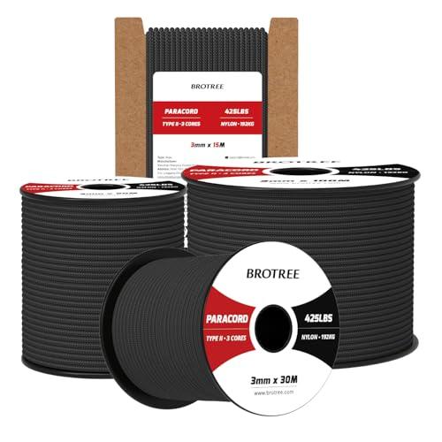 Brotree Paracord 3mm 15M Corda 100% Nylon Tipo II 3 Fili Corda Paracord 425 per Esterno, Artigianato, Fatto a Mano - 192 kg Carico di Rottura (Nero)