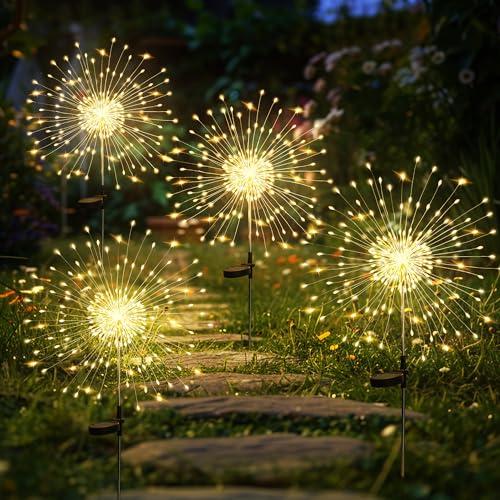 GIGALUMI Luci solari da giardino per esterni, luci solari per fuochi d'artificio 120 LED 4 pezzi, luci a stella impermeabili per cortile prato festa patio decorazione,bianco caldo