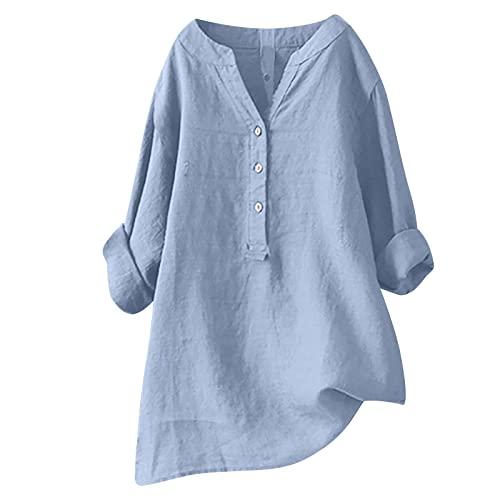 Ceboyel Camicie da donna in cotone e lino con bottoni camicetta estiva a maniche arrotolate top tunica vestiti da donna boho alla moda 2023, Blu #12, 4XL