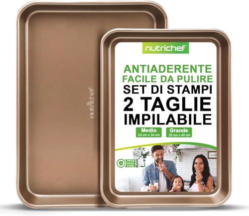 NutriChef Set di 2 Teglie da Forno Antiaderente, Vassoi per Cottura in Forno in Acciaio al Carbonio di Qualità Premium con Rivestimento Antiaderente, Teglie Grandi e Medie per Biscotti, Oro