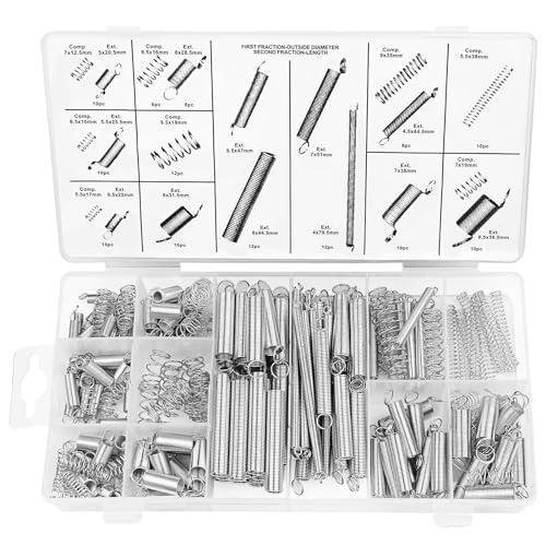 Baxcdyswe Molle Compressione Kit, 200 Pezzi Molle Acciaio Zincato di Tensione e Compressione Inox Assortite con 20 Dimensioni per Utensili e Attrezzature, Dagli Utensili Manuali Agli Autoveicoli