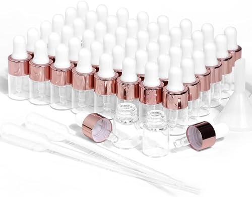 Mini flaconi contagocce in vetro, 50 pezzi, con tappo color oro rosa, trasparenti, vuoti, con erogatore contagocce, utilizzati per campioni di profumo, olio per il corpo, liquidi cosmetici (2 ml)