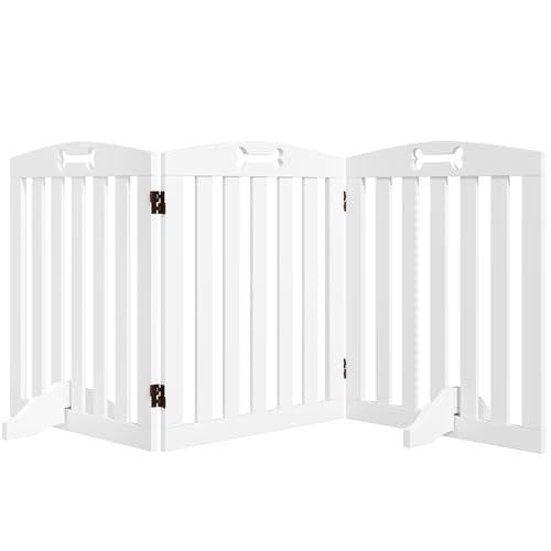 PawHut Cancellino per Cani Pieghevole a 3 Pannelli con 2 Supporti, Cancelletto di Sicurezza in MDF, 155x30x61 cm, Bianco