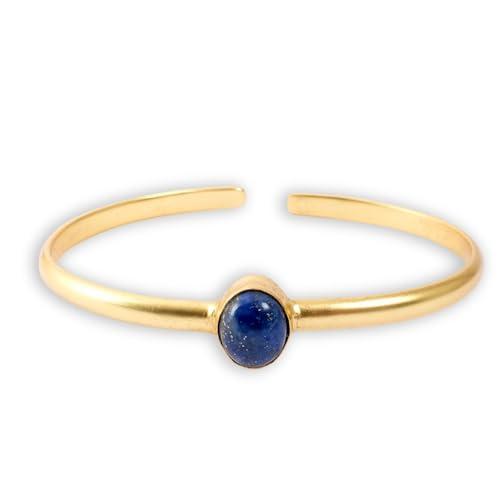 happymaker - Bracciale in oro con pietra preziosa, bracciale placcato in oro con labradorite autentica, fatto a mano, bracciale aperto regolabile per un look a strati