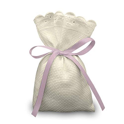 Crociedelizie, Stock 40 sacchetti bomboniere portaconfetti segnaposto in tela aida ecrù rifinitura in pizzo sangallo da ricamare a punto croce