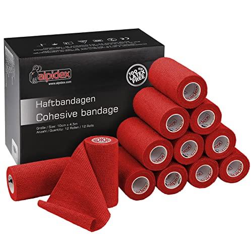 ALPIDEX 12 Rotoli Benda Adesiva 10 cm x 4,5 m Molti Colori Bendaggio Coesivo Fasciatura Personi Animali Garza Elastica Autoadesivo Cavalli Cani Umani, Colore:rosso