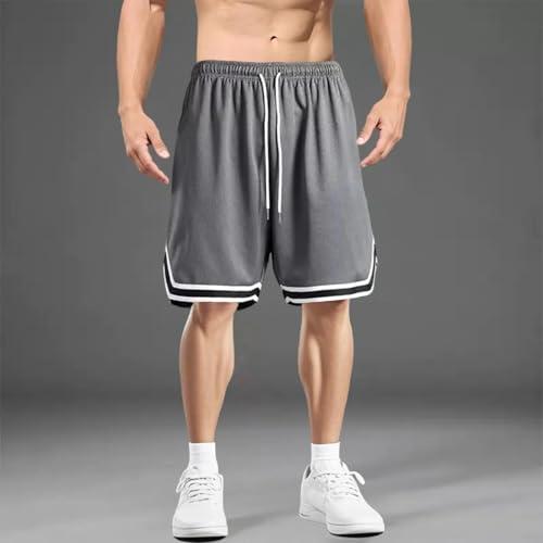 Pantaloncini da allenamento da uomo, a righe, ad asciugatura rapida, traspirante, elastico in vita e tasche, per palestra, corsa, sport, nero classico, A01-Basic Grigio, M