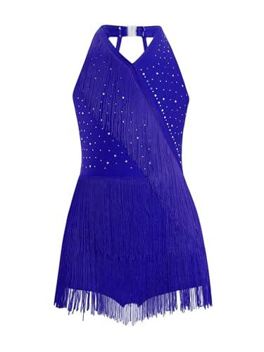 Alvivi Abito da Ballo Latino Americano Bambina Frange Body Balletto con Strass Vestito da Ballo Moderno Danza Classica Body Ginnastica Ritmica Dancewear Blu 9-10 anni