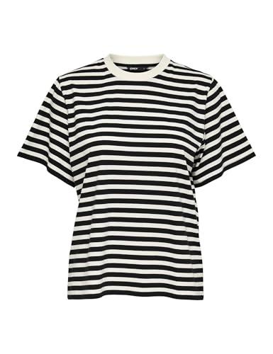 ONLY Maglietta a Righe da Donna in Cotone con Girocollo, Colore:Bianco-2, Taglia:L